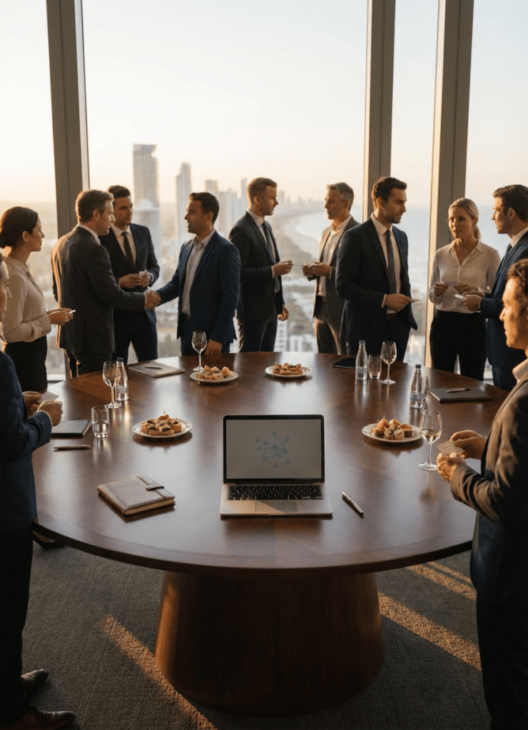 Professionals network around a round table in a high-rise office with a sunset city view.