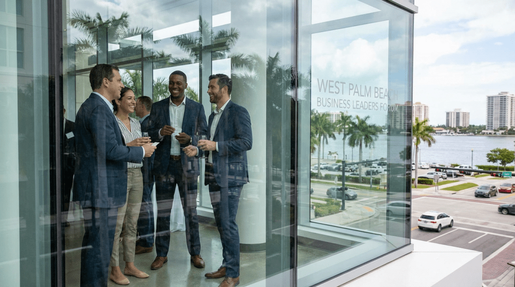 Professionals networking inside a glass building with text reading West Palm Beach Business Leaders Forum.