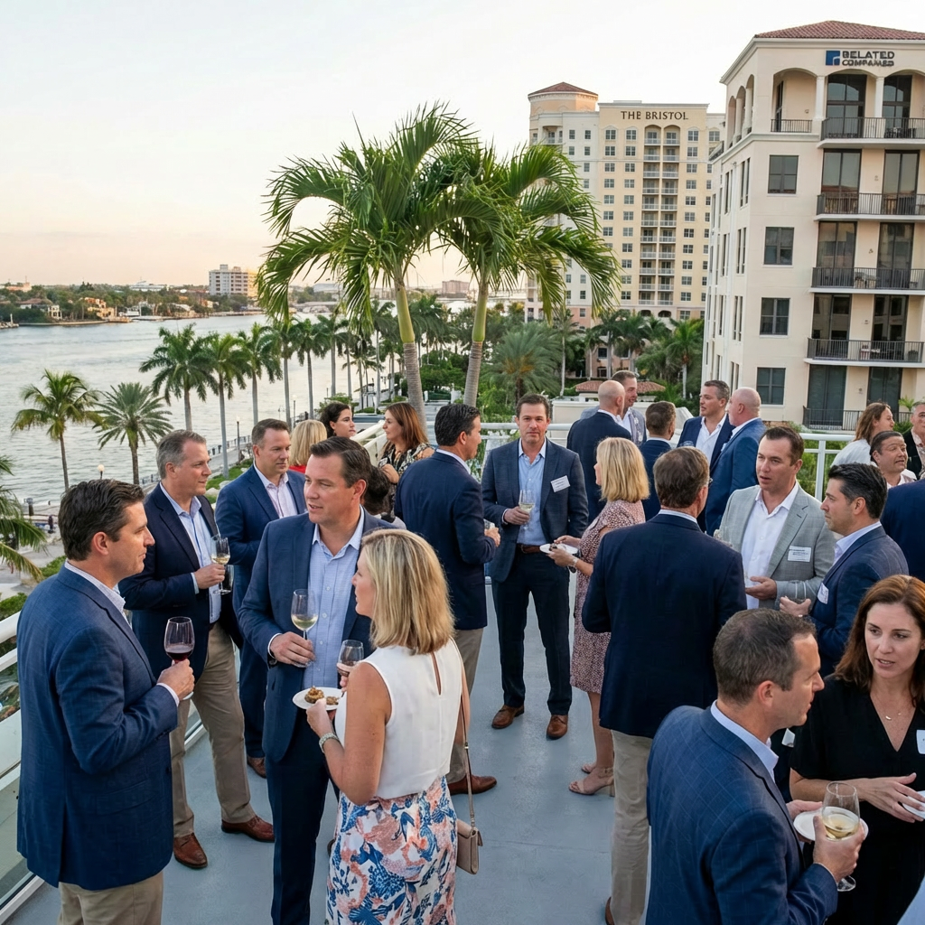 Professionals at the Palm Beach Business Leaders Alliance PBBLA Annual Mixer on a waterfront balcony.