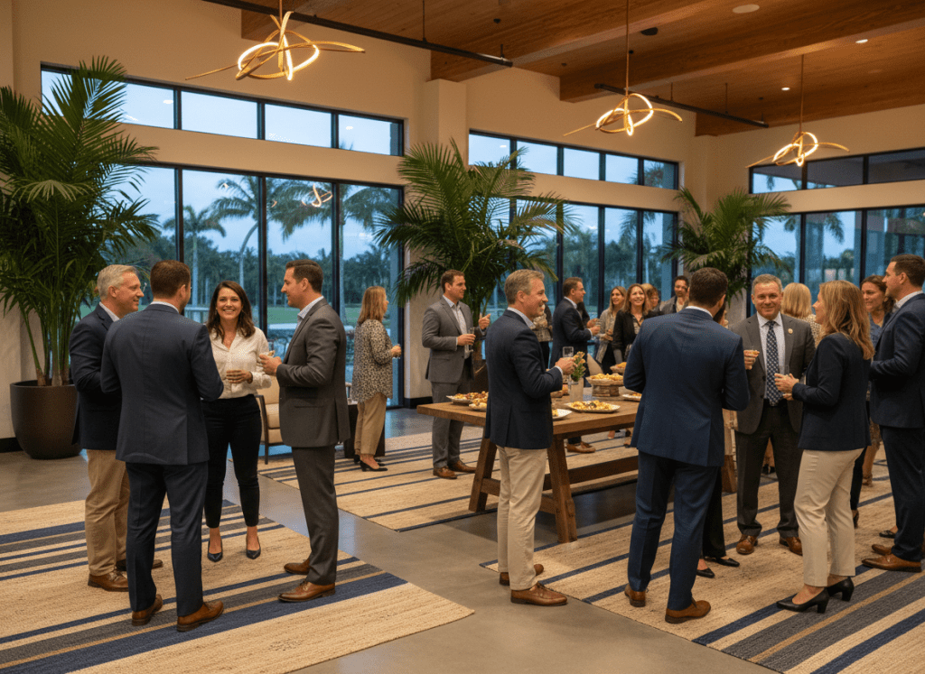 A professional business networking event in Wellington, Florida, featuring diverse business leaders mingling and conversing in a modern indoor venue with subtle palm beach elements, warm inviting lighting, and a focus on connection and collaboration. No visible branding or text.