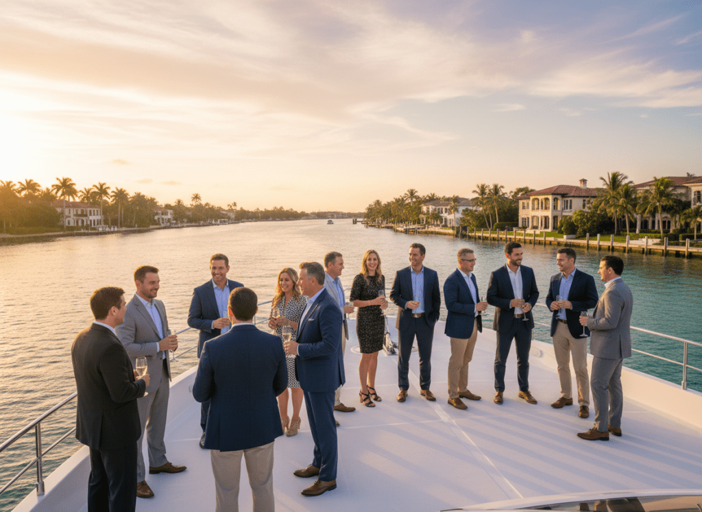 A professional yet relaxed social networking event on a sleek white yacht cruising the Intracoastal Waterway in Palm Beach, Florida at golden hour. Well-dressed business professionals in smart casual attire are mingling, shaking hands, and chatting in small groups on the deck. In the background, you can see the calm blue water, luxury waterfront homes, palm trees, and a warm pastel sunset sky. The scene should feel aspirational, elegant, and inviting, suitable for a business networking organization website.