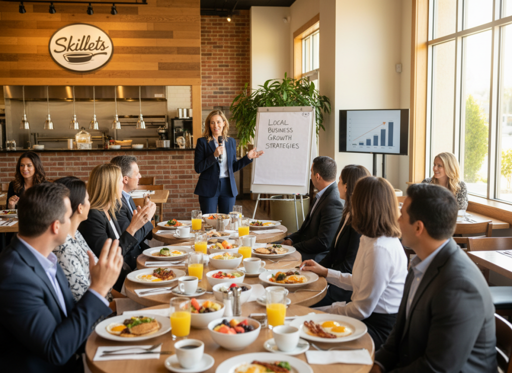 Professional business breakfast networking meeting at a Skillets restaurant in Wellington, Florida. Attendees are local business executives seated around tables with breakfast dishes, while one person stands at the front giving a presentation with a small screen or flip chart. Warm, welcoming atmosphere, modern casual restaurant interior, diverse group of professionals, natural morning light.