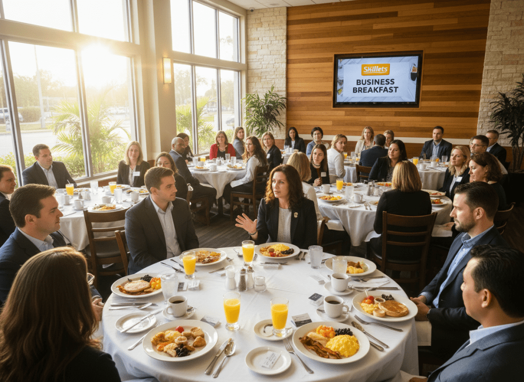Professional breakfast networking meeting at Skillets restaurant in Wellington, Florida, with diverse business professionals seated around tables, coffee and breakfast plates visible, and one person standing at the front giving a presentation with a small TV or screen in the background, bright morning light, warm welcoming atmosphere